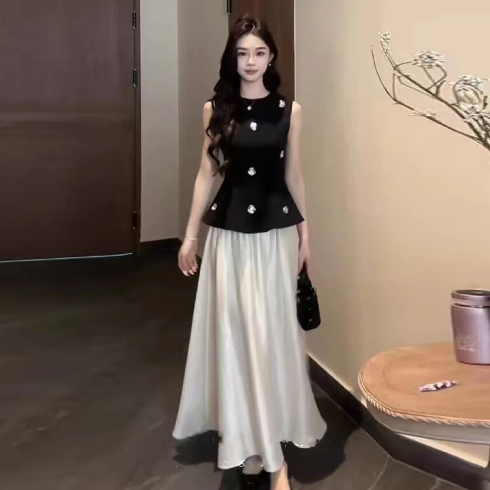 法式赫本风无袖背心上衣+半身裙套装女2025新款气质显瘦两件套609