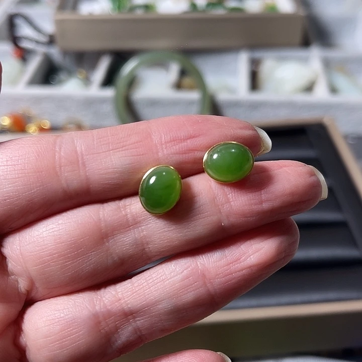 和田玉耳饰银S925镶嵌