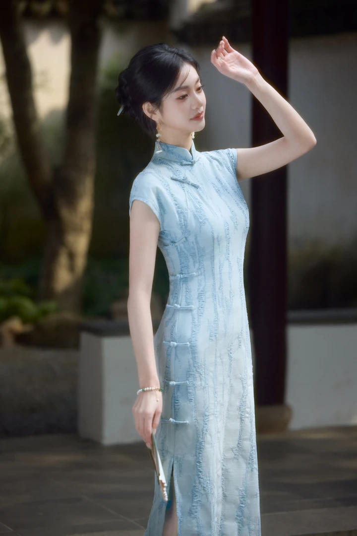 [非晚]2025夏季蓝色中国风日常气质少女复古显瘦旗袍-JM-浅蓝