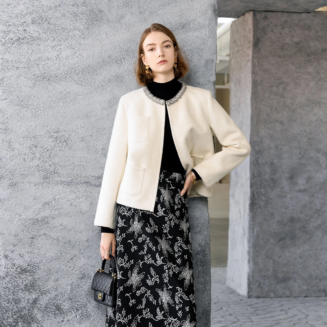 颜域小香风短款外套女法式优雅简约高级感圆领毛呢大衣女