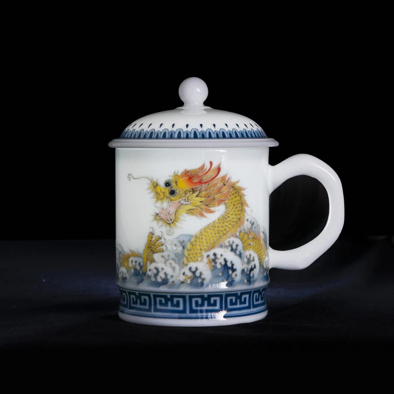 千红窑重手工釉下手绘作品办公杯龙腾四海带盖泡茶杯老杯礼品杯