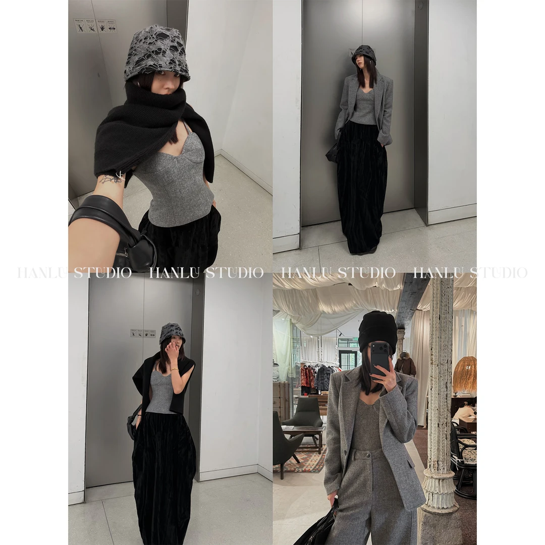 HanLu studio品牌小众时髦精立裁收腰酷辣灰色毛呢羊毛吊带上衣冬
