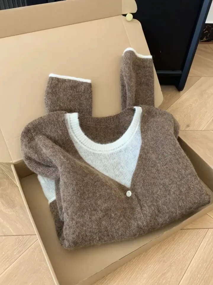 韩系设计感假两件V领针织开衫女2025早秋新款百搭显瘦长袖上衣潮