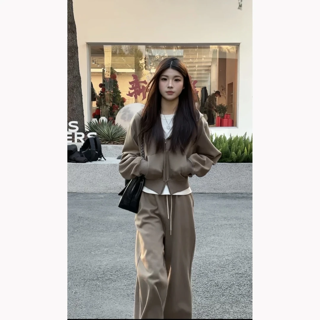 春季修身收腰巫师帽拉链省心穿搭休闲卫衣套装运动女两件套#2503