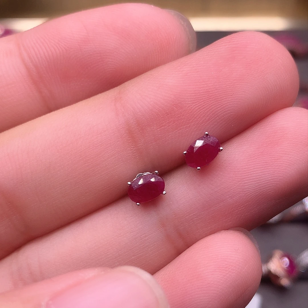 红宝石耳饰银S925镶嵌