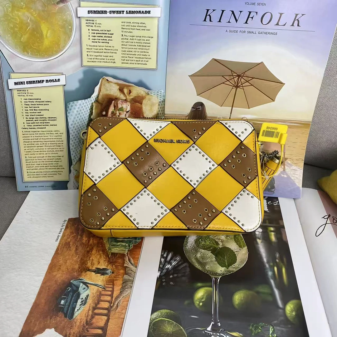 99新 MICHAEL KORS/迈克高仕 MK黄色拼色棋盘/相机/手提/斜挎包