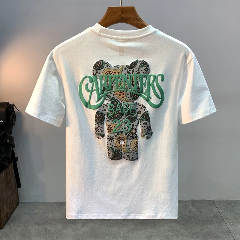 2025新款潮牌宽松小熊字母印花圆领短袖T恤男士修身棉质半袖体恤