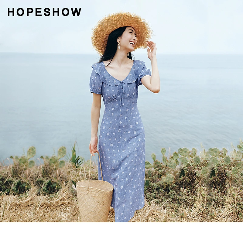 红袖2025夏女装 正肩泡泡袖收腰V领仿牛仔碎花连衣裙90125151604