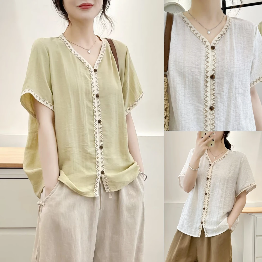 森系宽松V领刺绣提花短袖加大码女装单排扣透气衬衣韩版半袖衬衫