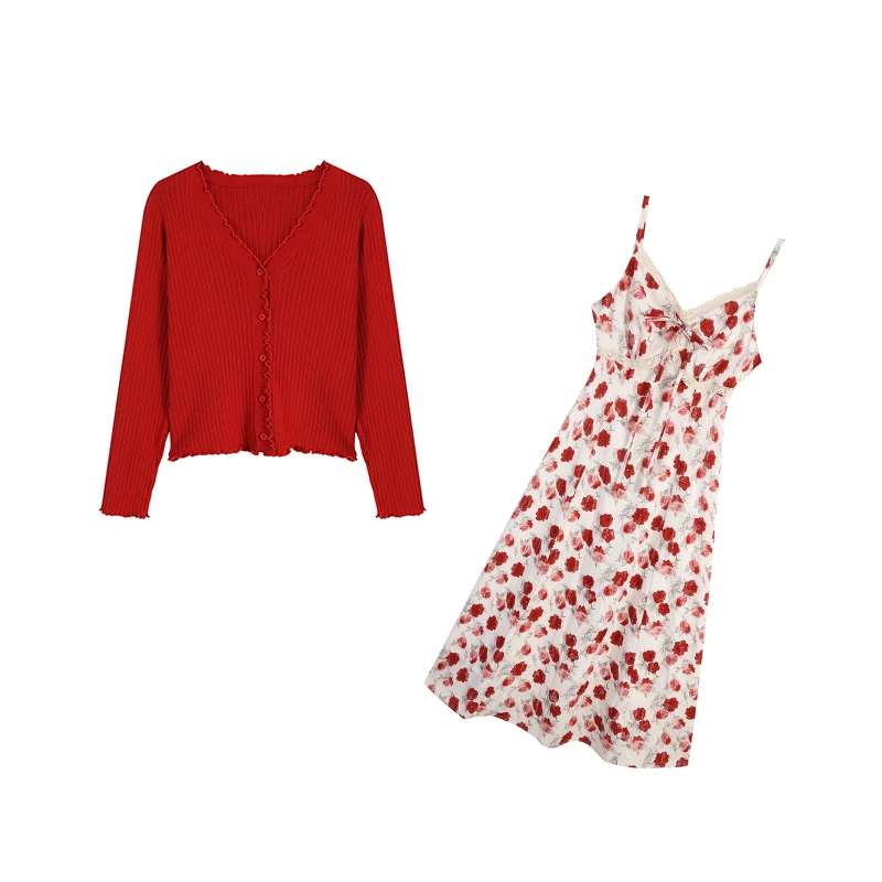 【苏柏妮】春季气质减龄碎花红色上衣+花色吊带裙两件套ZL103370