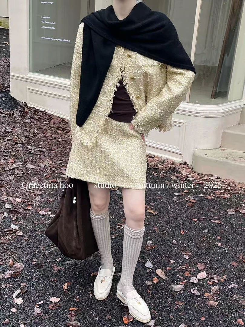 HOO法式珠片编织手工流苏边小香外套半裙套装 986（福福）