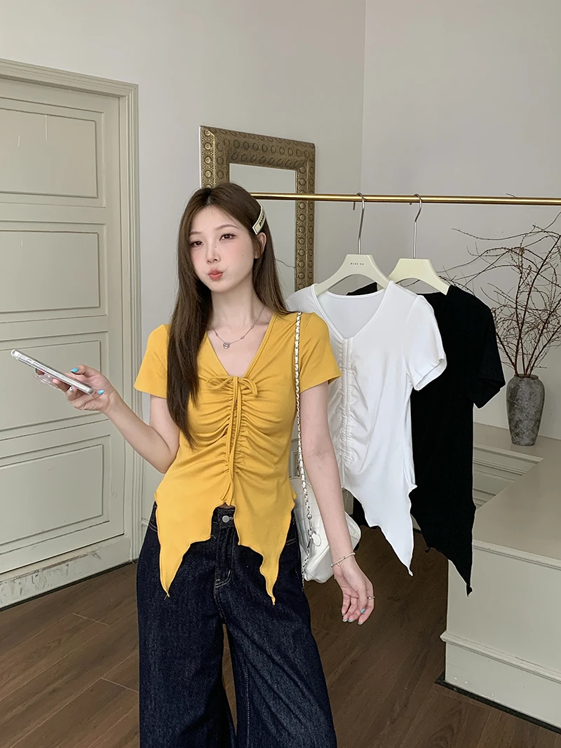 大码微胖休闲短袖T恤女夏季不规则体恤独特别致胖MM显瘦上衣藏肉