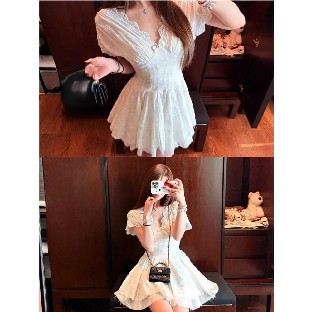 向晚·初恋小白花 花边刺绣收腰显瘦不锁边设计法式公主连衣裙