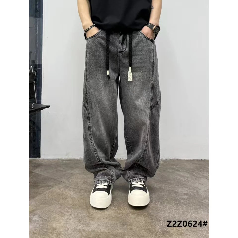 20624直筒水洗复古系带男士牛仔裤夏季宽松