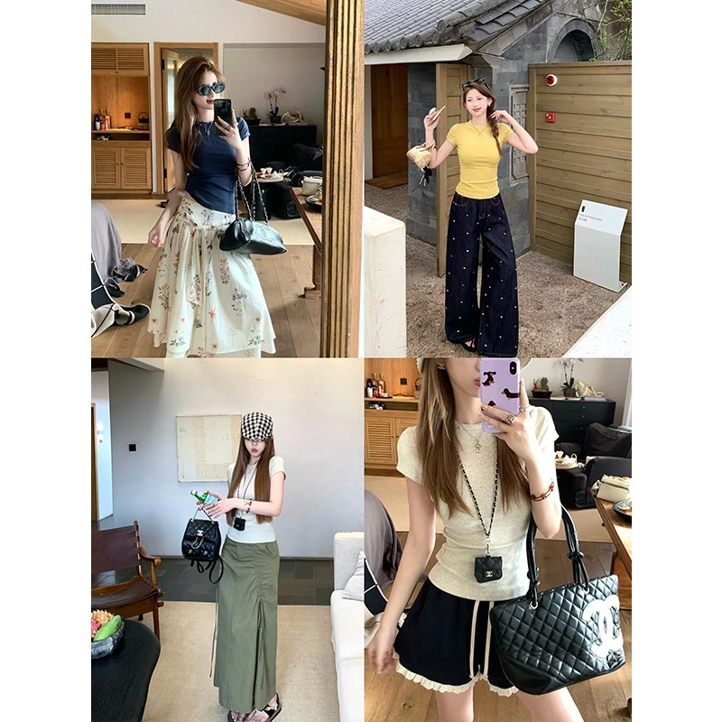 LUU桃喜儿/休闲短袖U领收腰T恤女夏设计感针织修身小众百搭上衣