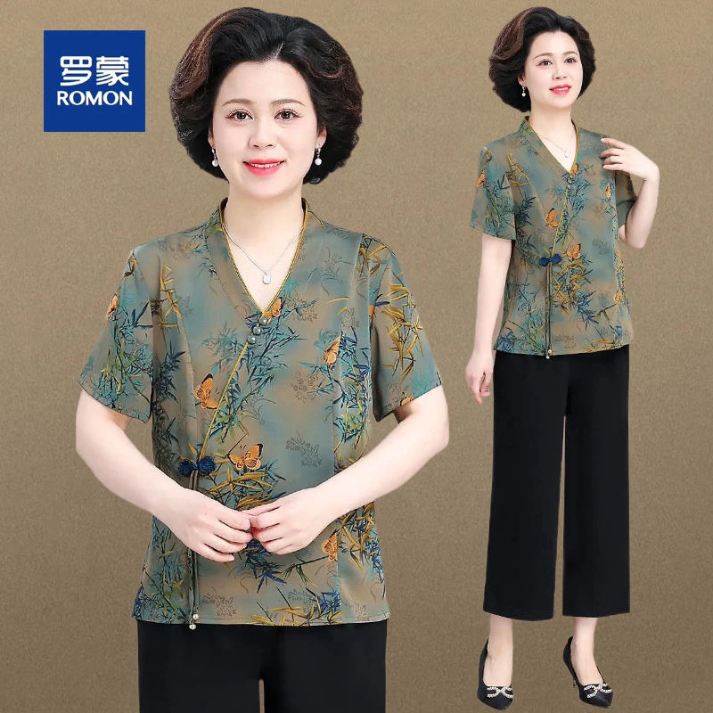 罗蒙新中式妈妈夏装国风中老年女装雪纺小衫套装贵夫人气质两件套