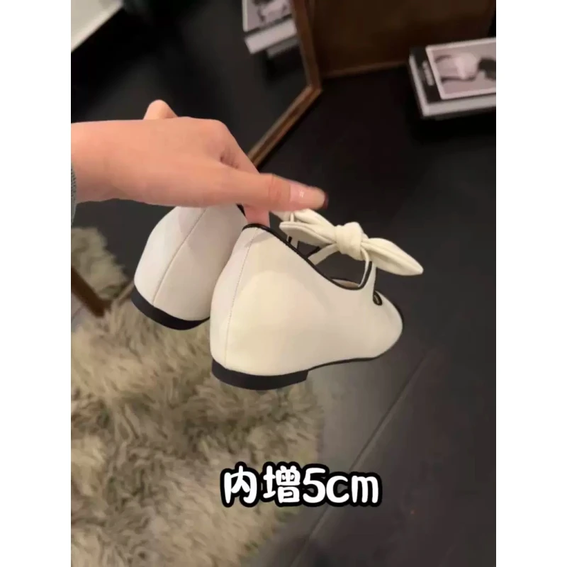 小香风圆头蝴蝶结平底芭蕾单鞋女2025新款复古拼色浅口玛丽珍女鞋