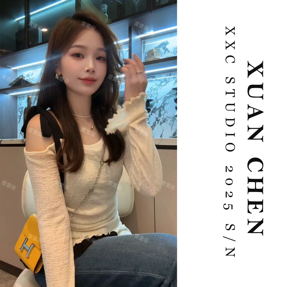 【温柔可视】早秋纯欲慵懒风女装气质T恤露肩薄款长袖打底衫#8661