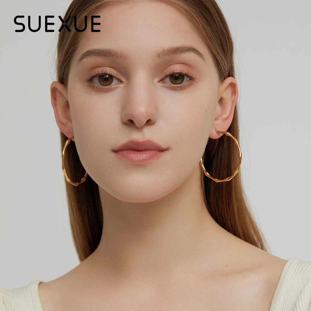 铜合金耳饰 欧美竹节C形耳圈小众设计夸张大圆圈S925银针耳环