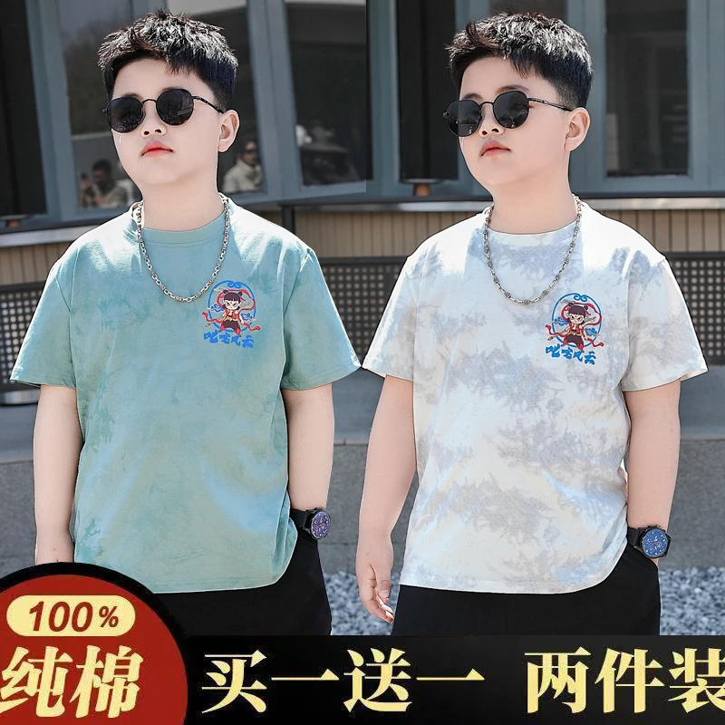 胖男童夏季T恤哪吒纯棉2025新款中大童加肥加大短袖夏装宽松半袖9
