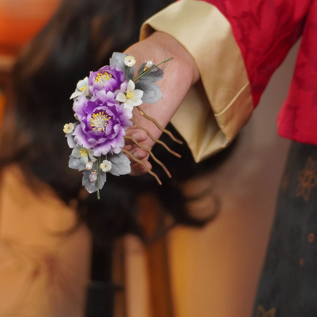 高雅紫双 插梳 单花非遗绒花南京绒花高级国风纯手工