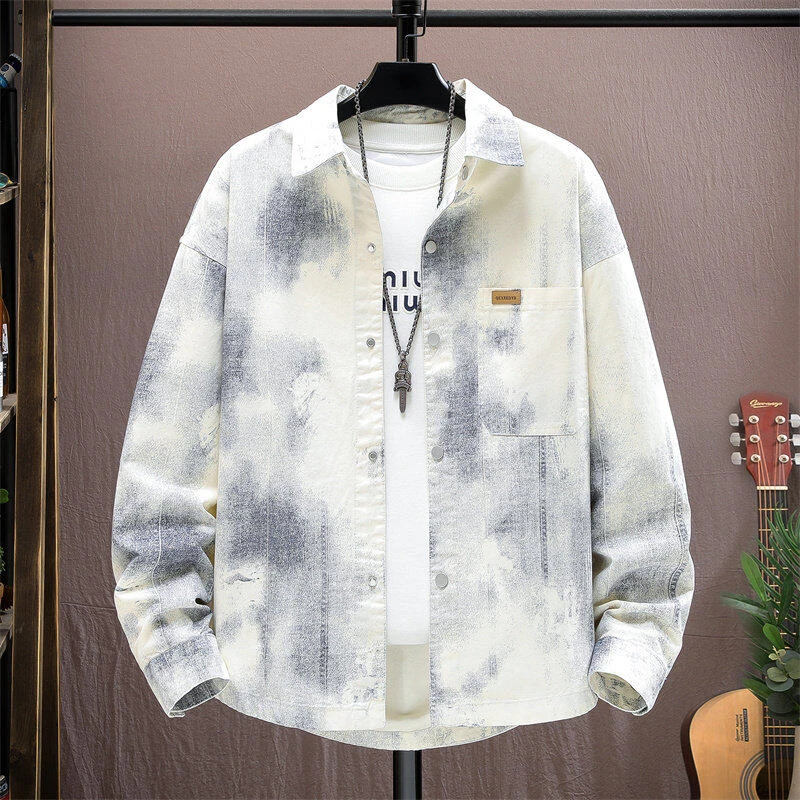 2025春秋季新中式牛仔外套男复古中国风花色潮流扎染棉质夹克2527
