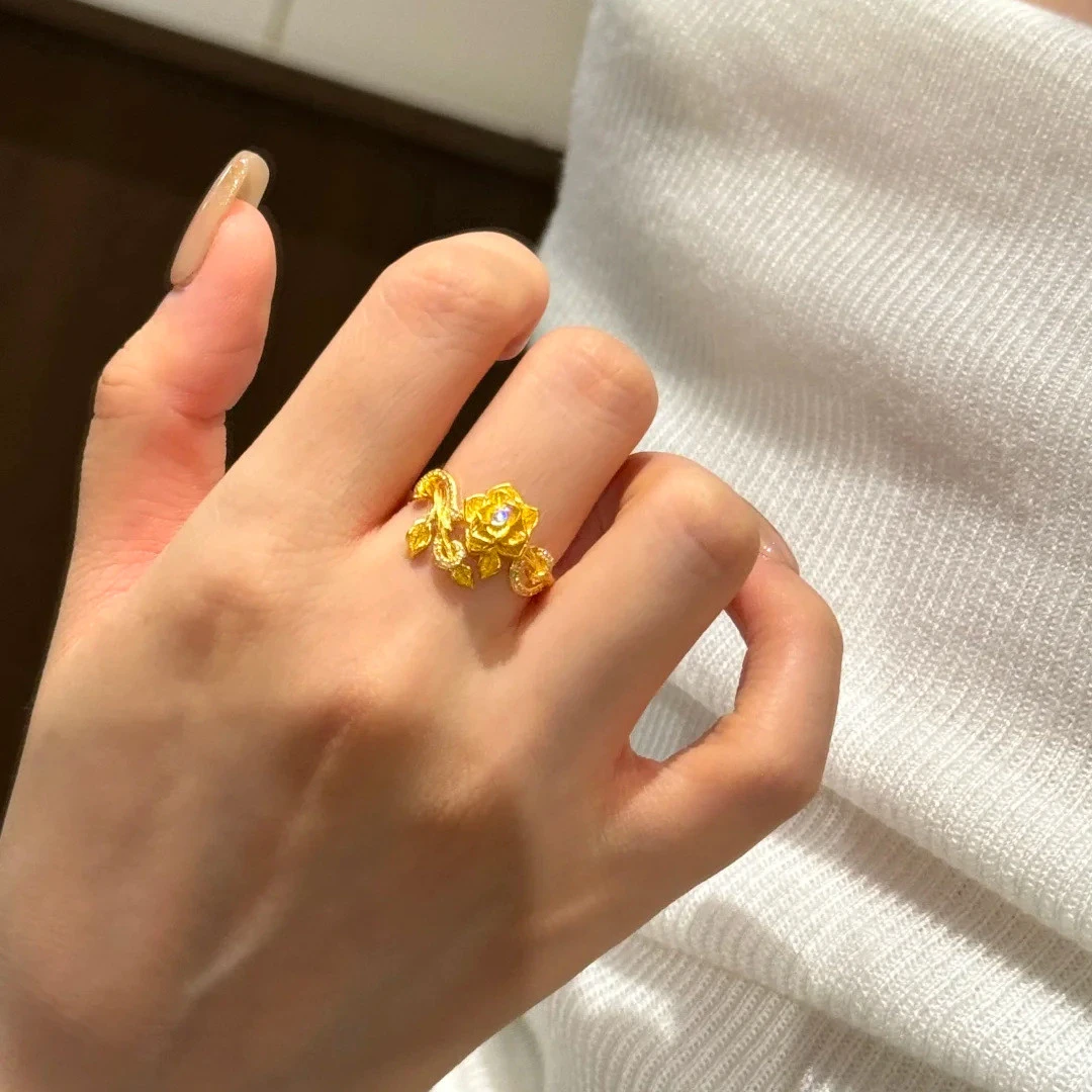 足银戒指 银9999法式复古指尖缠绕玫瑰花戒指时尚轻奢小香风精致