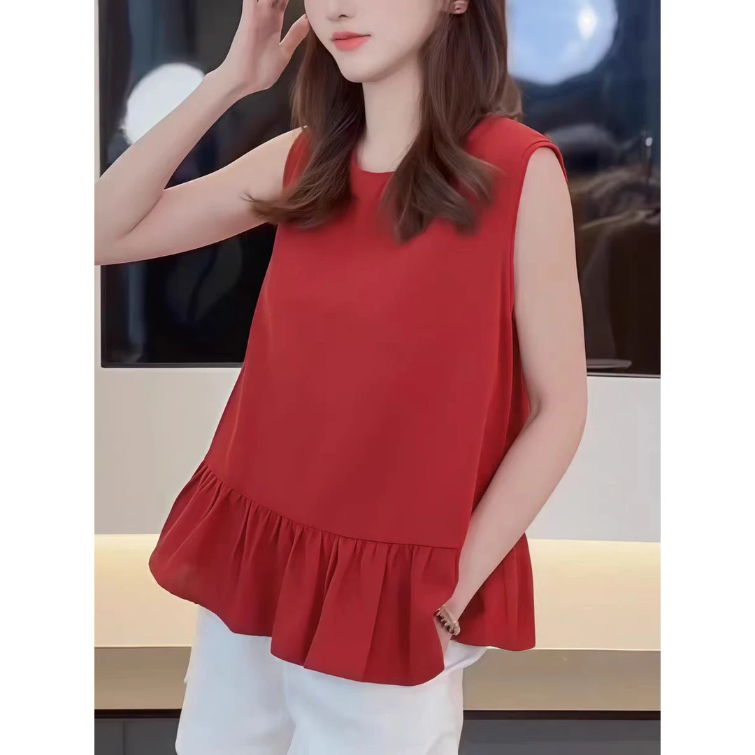 红色气质无袖衬衫女高级感轻奢减龄洋气2025新款夏季小衫法式上衣