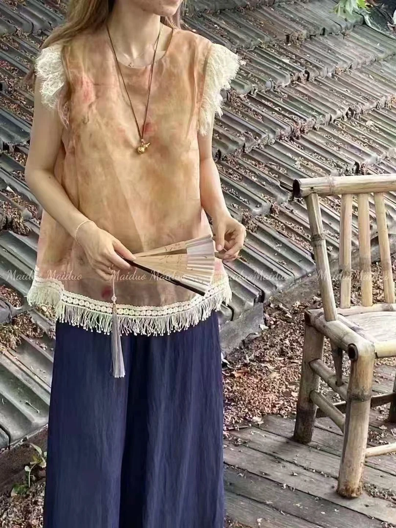 胸102长62设计气质扎染蕾丝花边无袖衬衫温柔甜美清纯风 1307