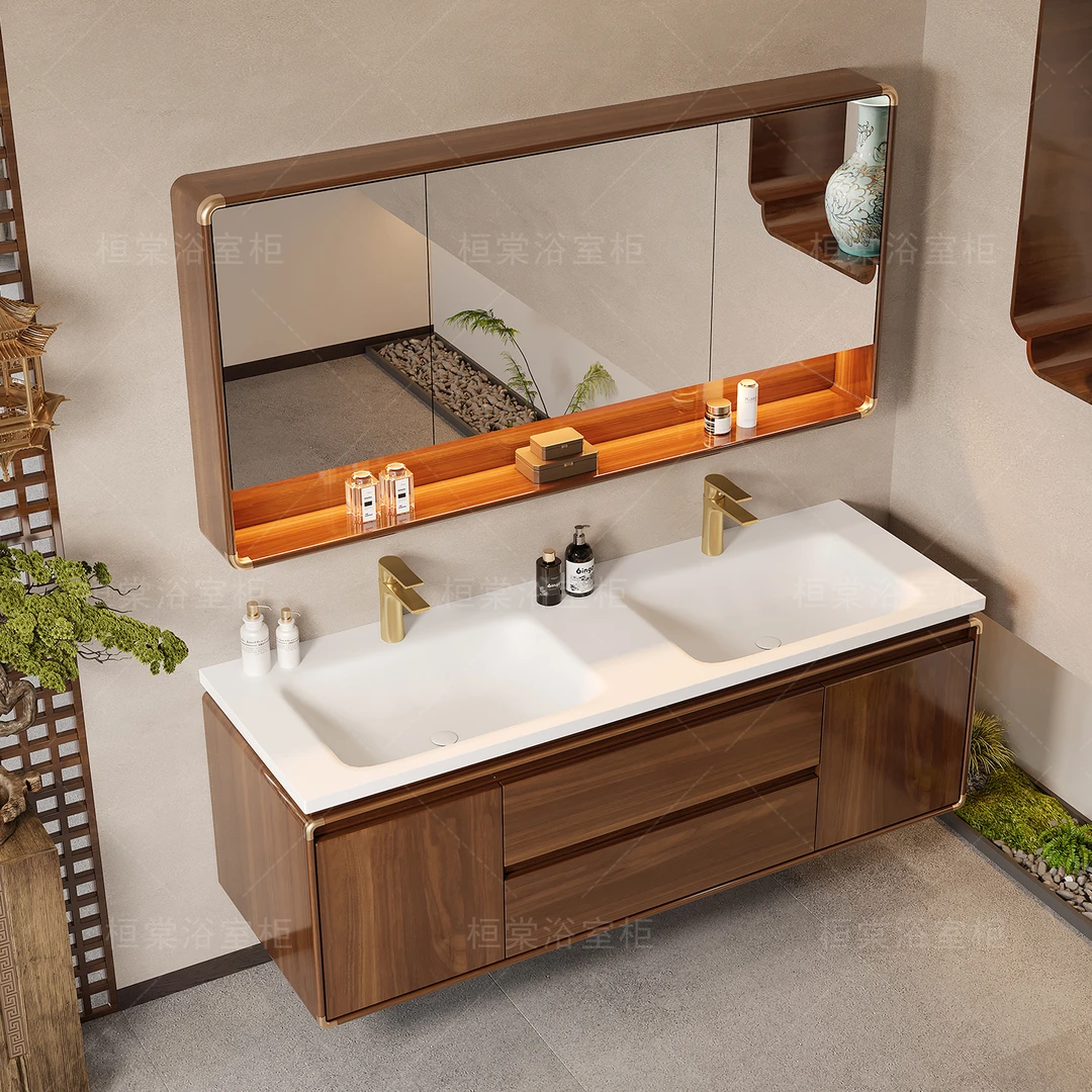 新中式橡木双盆浴室柜岩板热弯陶瓷一体盆卫生间洗手洗脸盆柜组合