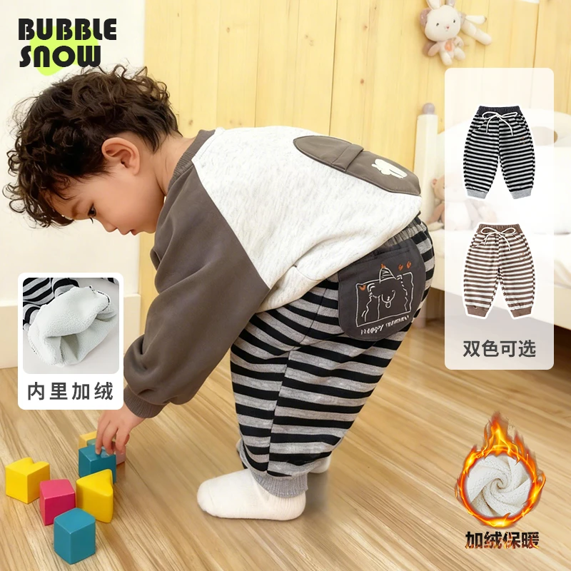 26053卡通口袋条纹裤男女童秋冬运动一体绒外穿保暖休闲裤