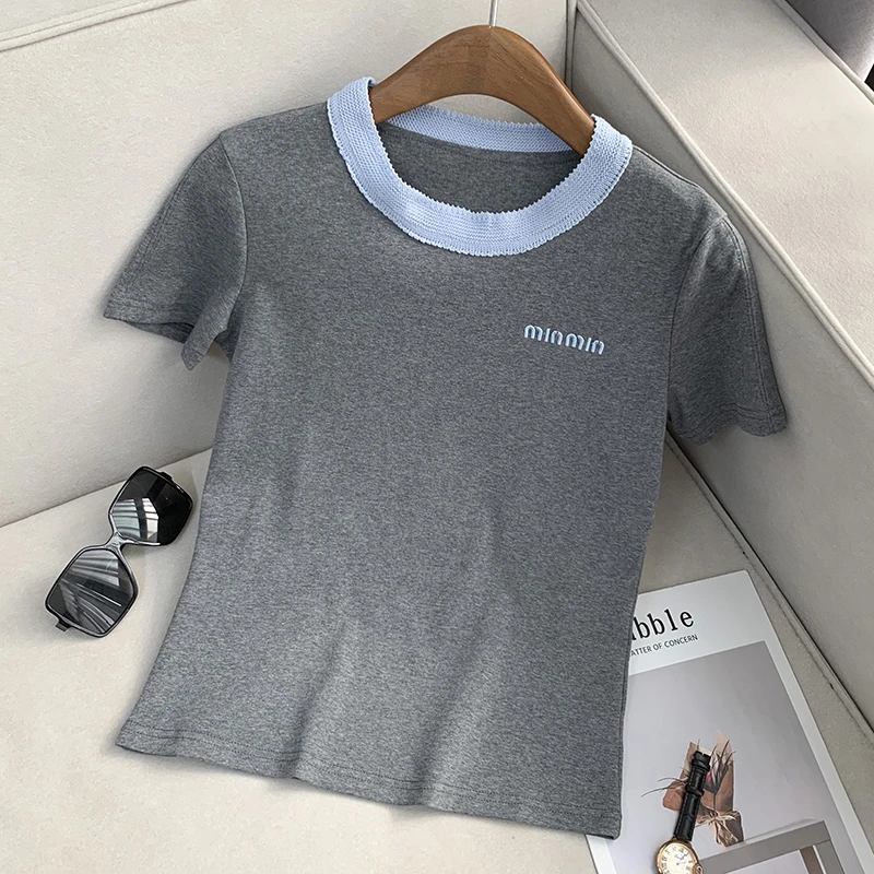 【南油子宸】蕾丝领口拼接夏季设计感休闲圆领短袖修身T恤女800339