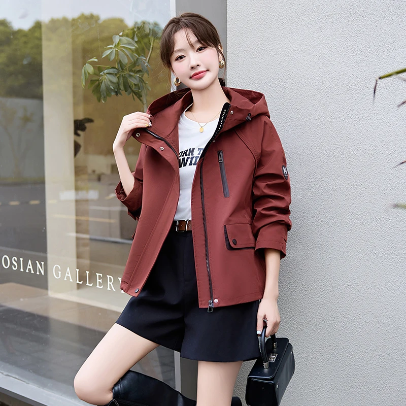 时尚百搭秋季女装短外套简约休闲显瘦连帽夹克舒适洋气透气外套