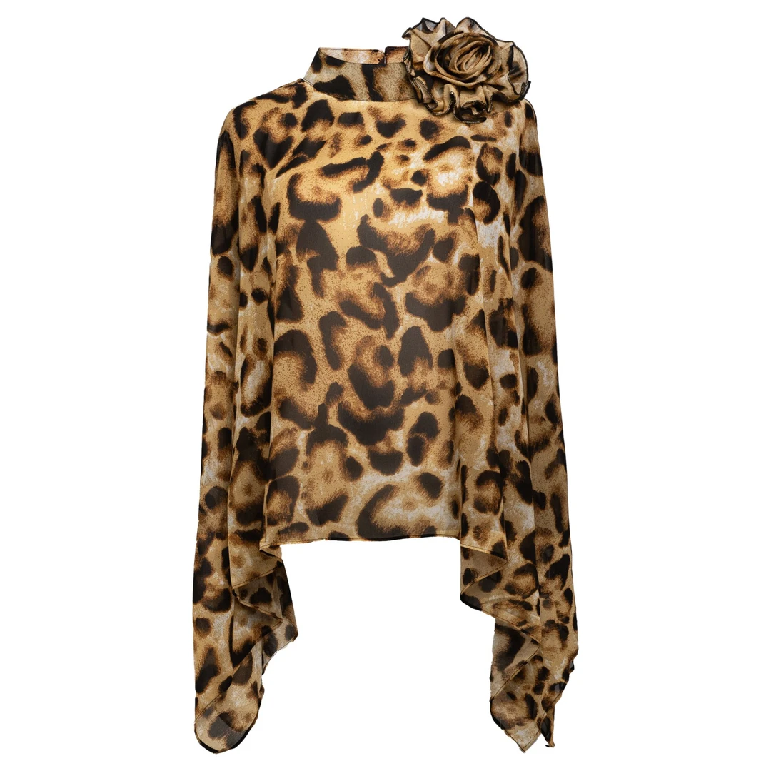 【25S豹纹御姐】重工高定设计款法式复古斜肩网纱不规则衬衫25063