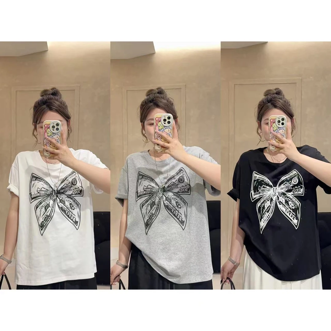 晶咕【素描蝴蝶结】印花宽松大版T恤气质时尚百搭圆领夏季重工