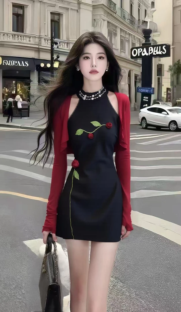 轻奢气质甜美少女感黑色圆领无袖修身收腰连衣裙+红色长袖开衫女