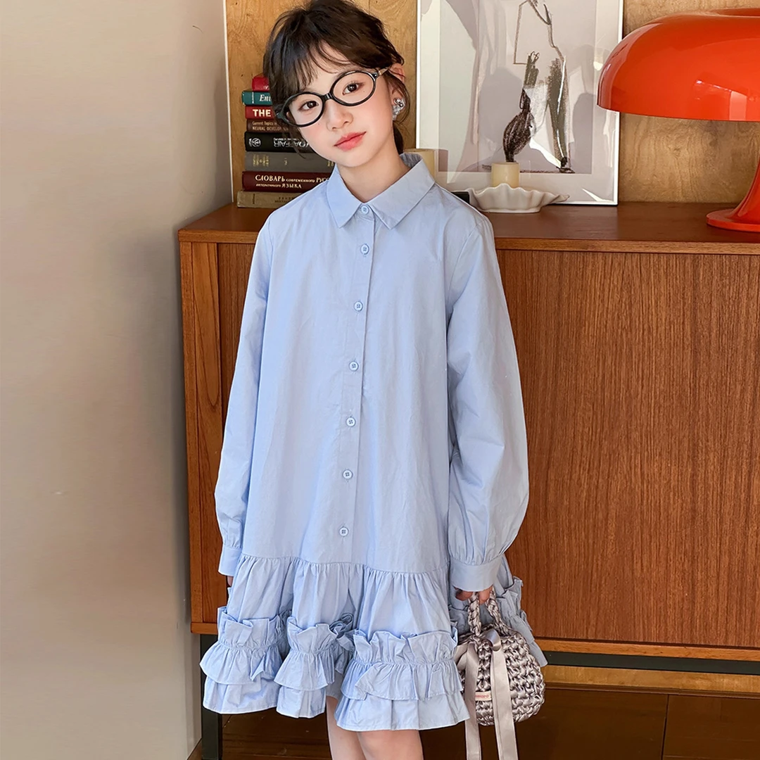 女童秋冬2025新款儿童洋气时尚甜美气质范荷叶花边长袖衬衫连衣裙