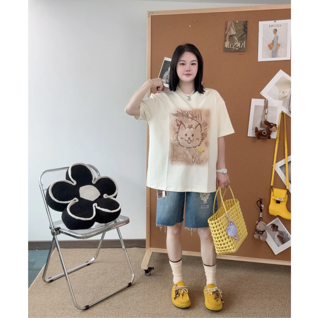 MTO QUINN 2025夏季新款涂鸦小猫印花短袖圆领T恤上衣女