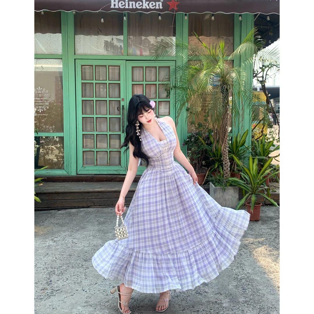 清清萌面侠芝士【紫属于你】格子挂脖吊带裙收腰长连衣裙 5164