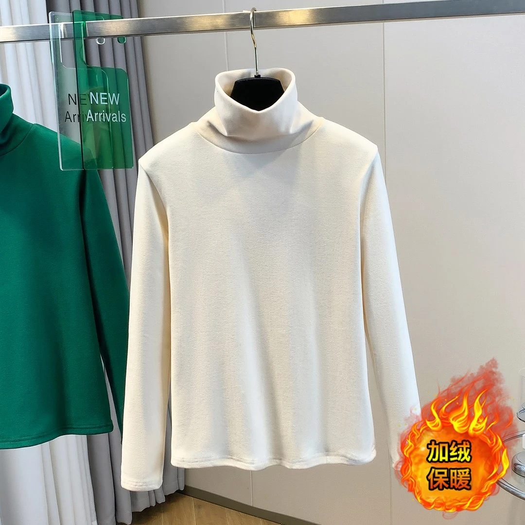 磨毛纯色加绒加厚高领打底衫女秋冬季保暖百搭时尚长袖宽松上衣