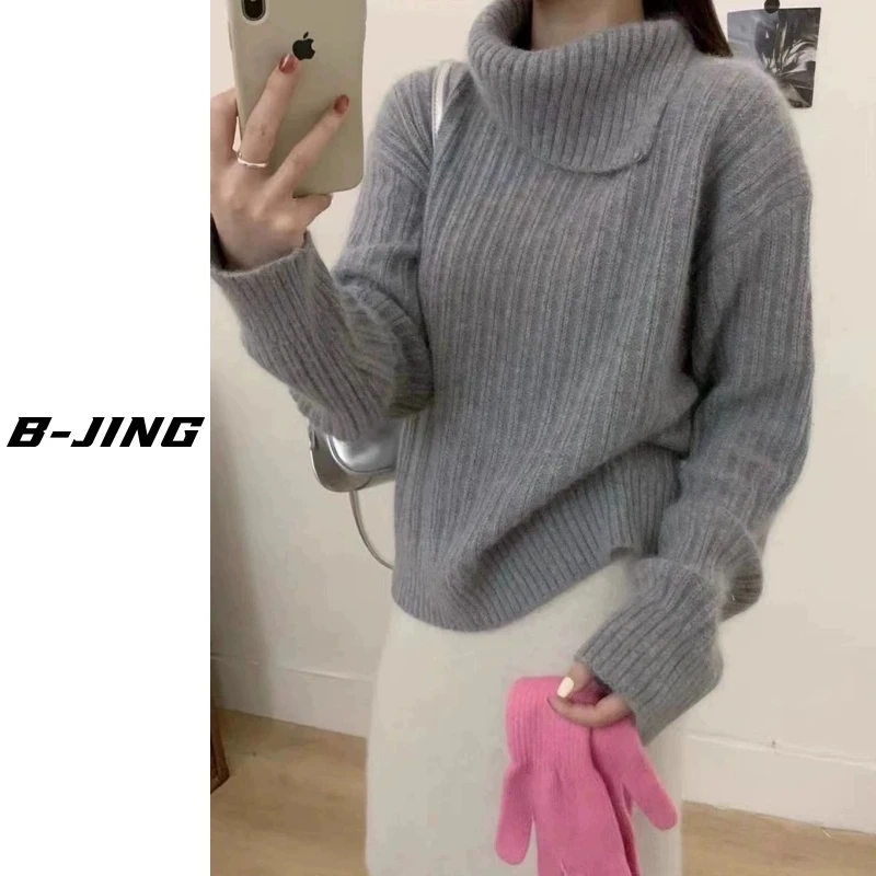 【莎莎家】斜翻领厚套头网红时尚百搭宽松半高领气质加厚