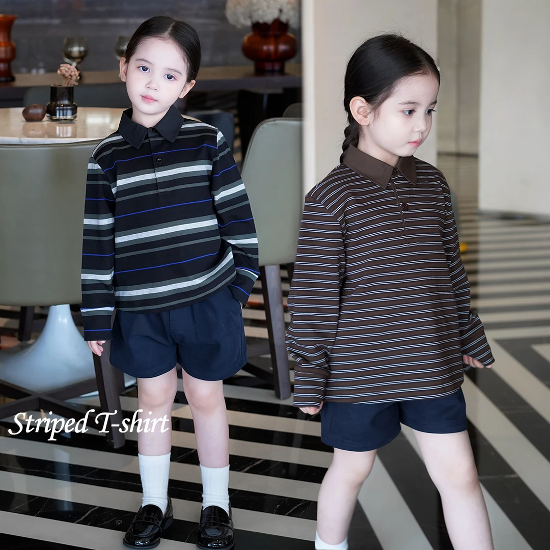 AnnieGirl复古日系条纹男女童Polo衫儿童长袖T恤秋季新款2025