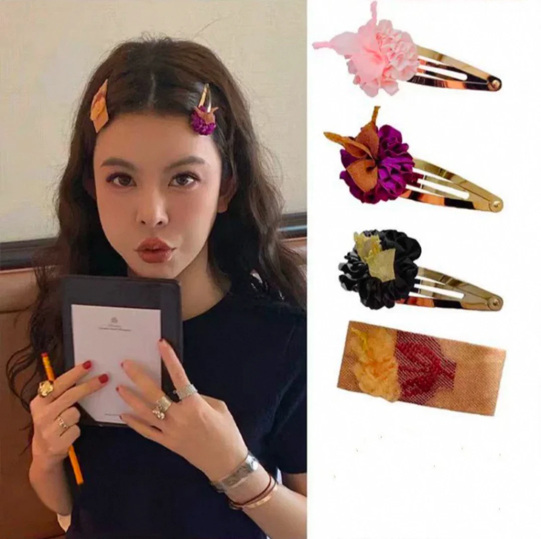 美美同款紫色花朵边夹2025年春夏发饰头饰网纱侧边刘海时尚套装