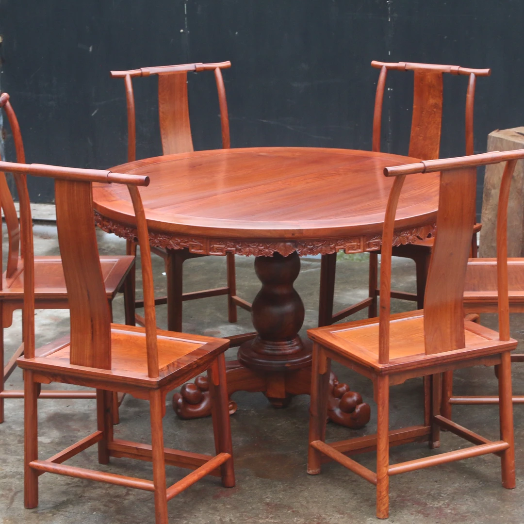国标红木家具新中式圆桌一桌六椅餐桌餐台餐椅餐桌椅古典大果紫檀