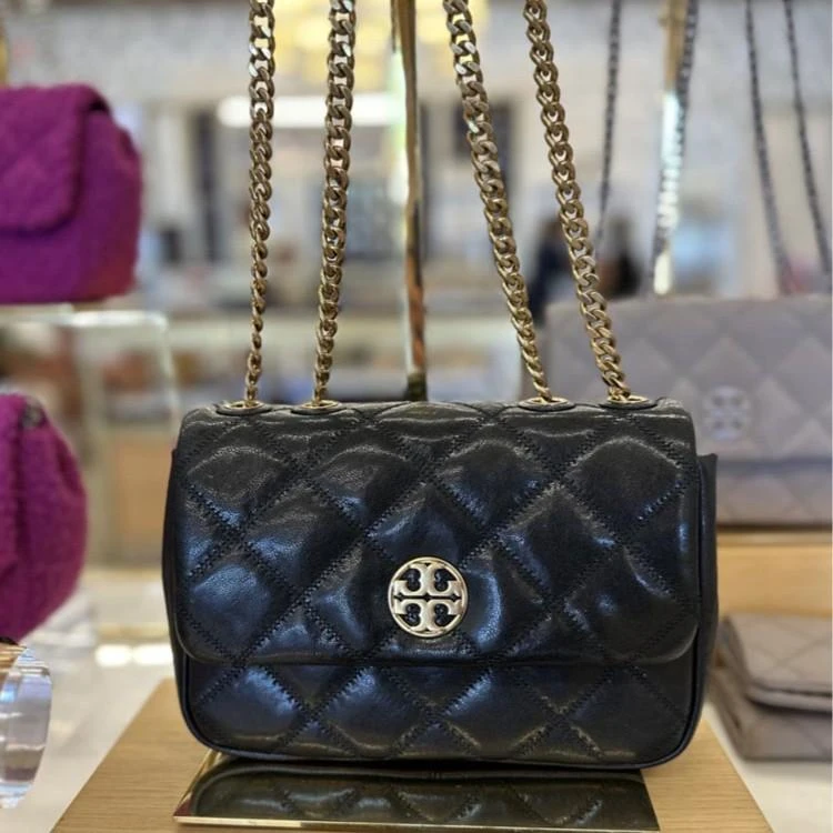全新未使用 TORY BURCH/汤丽柏琦 方胖子黑金中号链条包148243