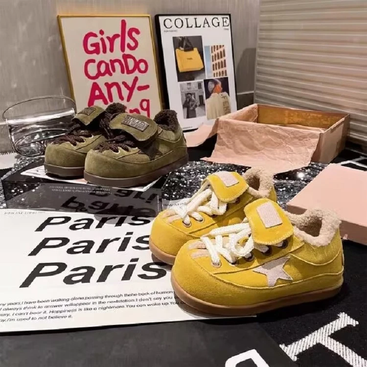 2025冬季新款星星板鞋女加绒保暖毛毛休闲系带复古厚底雪地棉鞋子