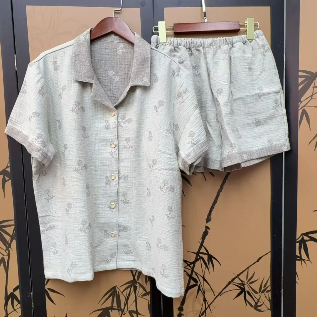 套装-棉麻短袖短裤家居服套装纯色透气舒适慵懒风本色休闲男女XC