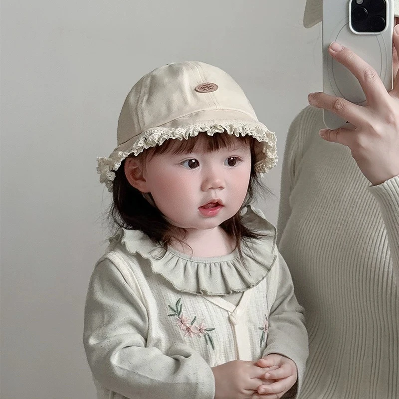宝宝帽子春秋款渔夫帽韩版蕾丝花边公主帽婴幼儿出游防晒帽遮阳帽