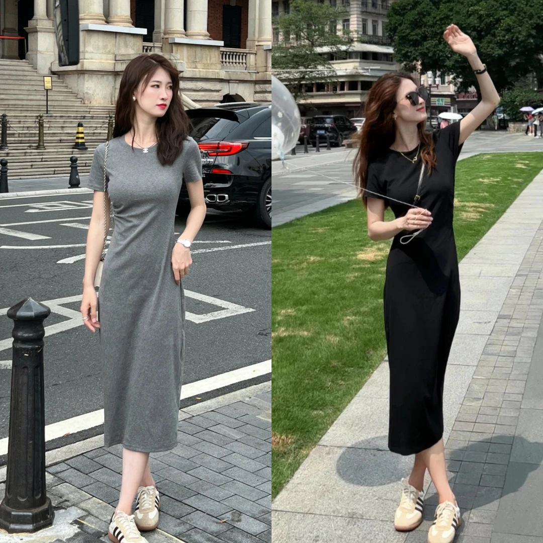 夏季新款韩版时尚修身气质褶皱设计感高腰连衣裙