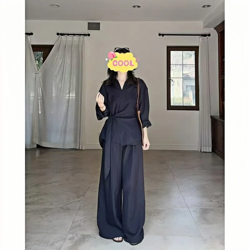 大码微胖休闲气质老钱风长袖上衣阔腿长裤两件套1923#